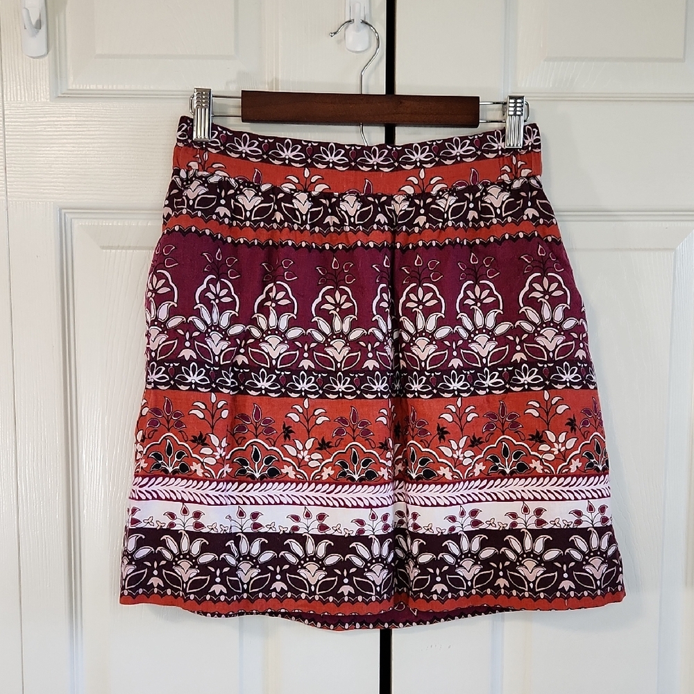 LOFT A-Line Floral Skirt SZ SM Linen Blend Western Southwestern Colorful Elastic